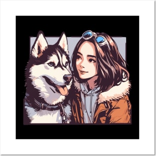 Anime girl with her husky friend portrait Posters and Art